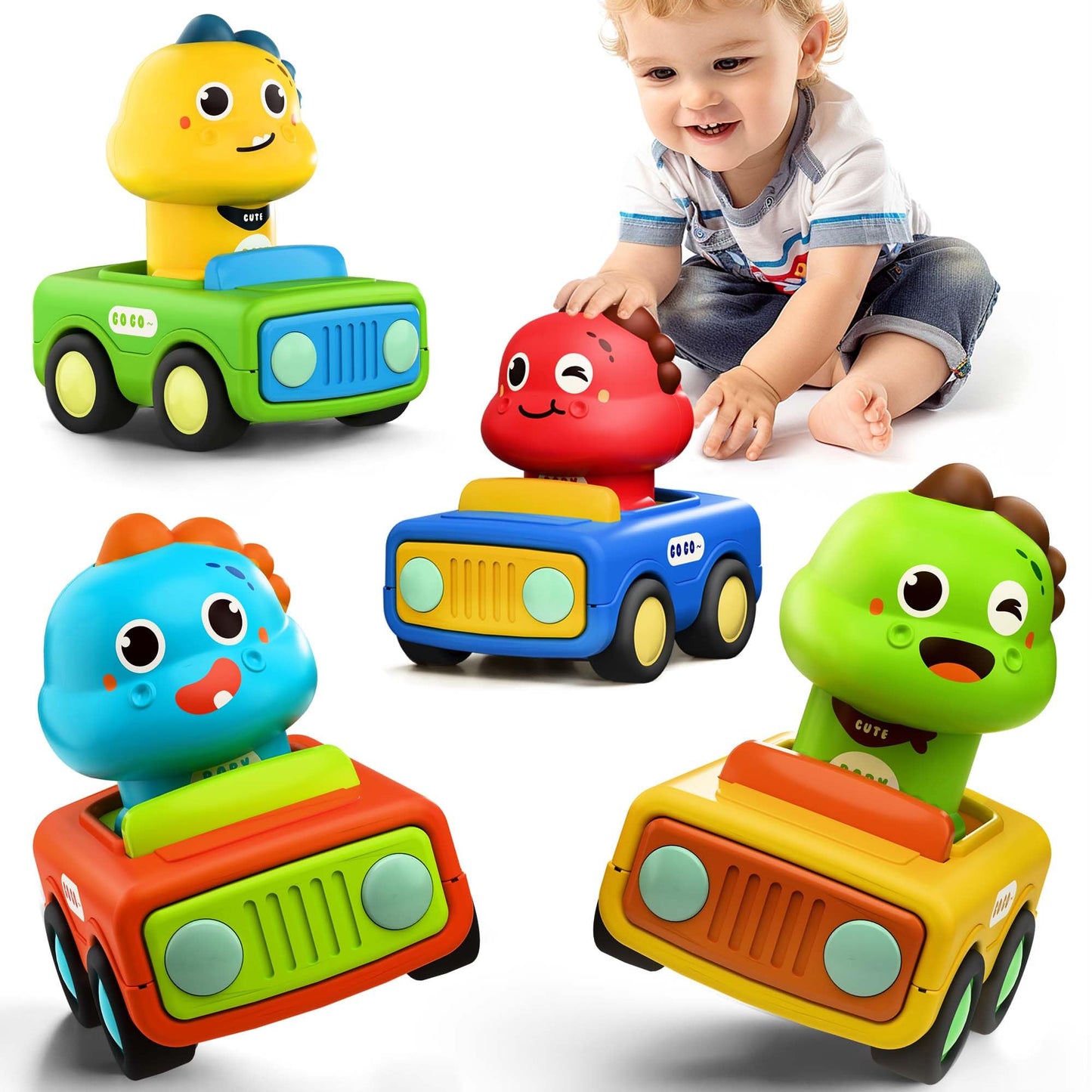 iPlay iLearn Press & Go Car Toys – Baby Animal & Dino Push Cars for Toddlers 1–3, Friction Vehicles, 1st Birthday Gift for Kids 6–18M