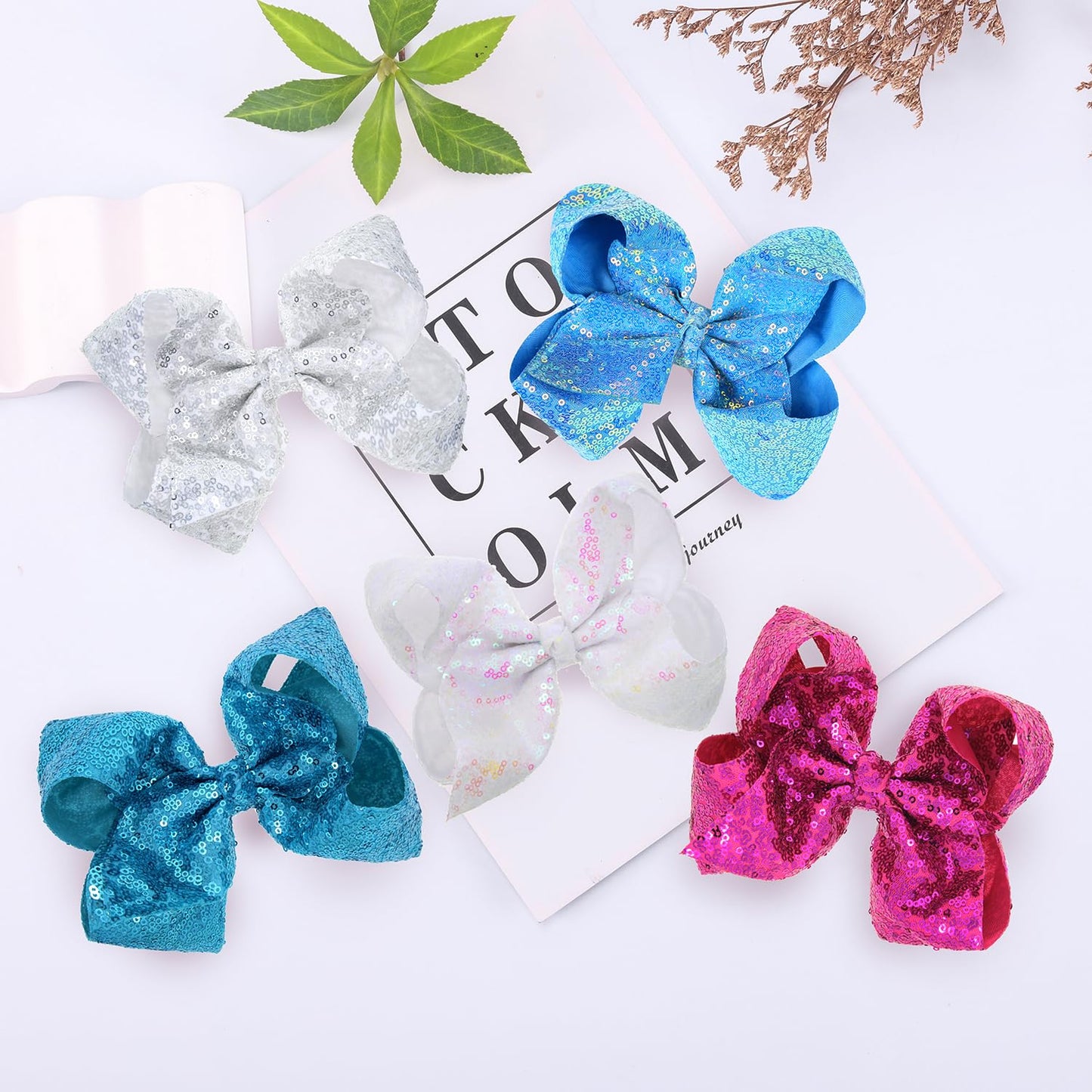 AMYDECOR 8 Inch Hot Pink Sparkly Glitter Sequin Hair Bows for Girls