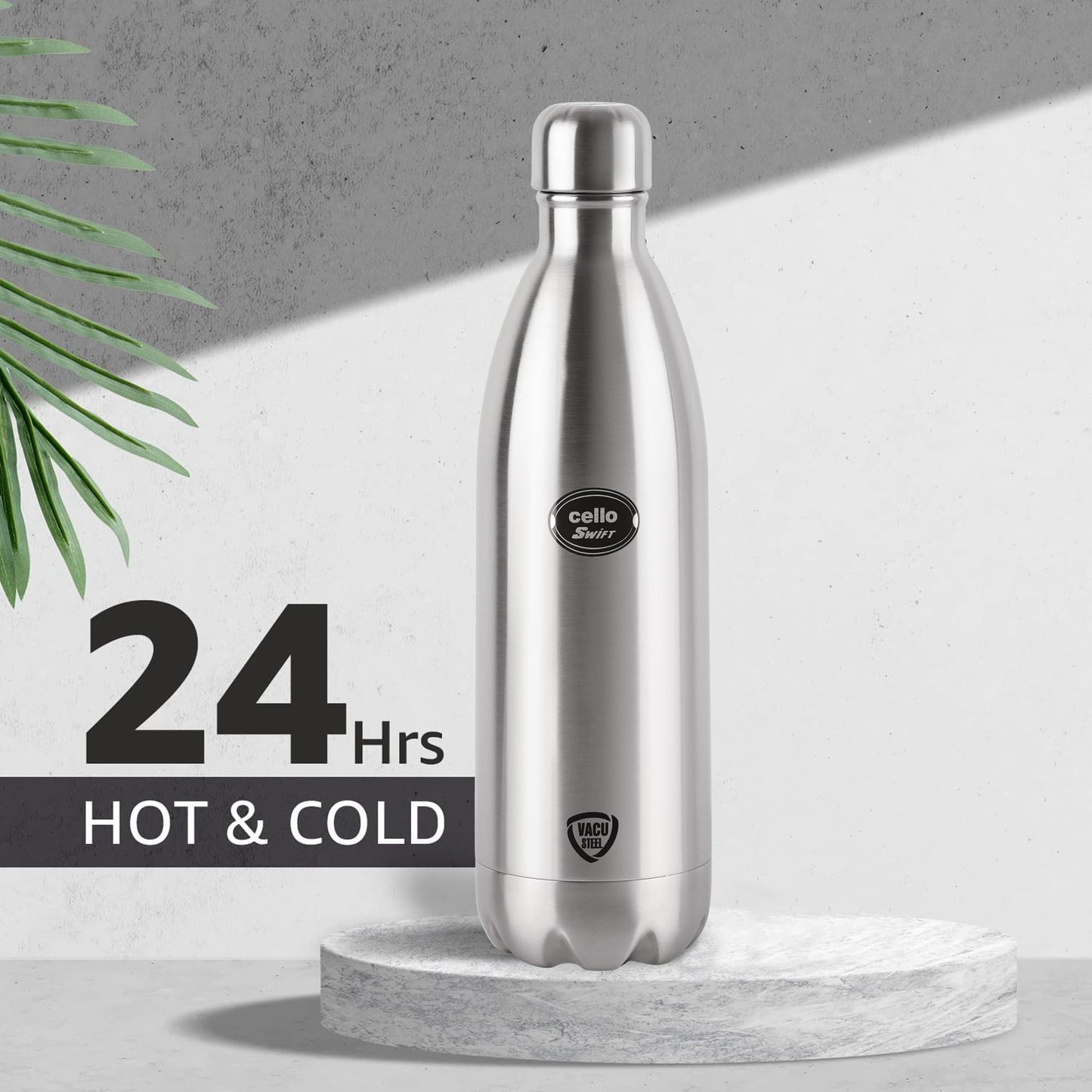 Cello Swift Stainless Steel Vacuum Insulated Flask with Screw Lid | Leak Proof | Double Walled Silver Bottle for Home, Office, Travel (34oz, Silver)