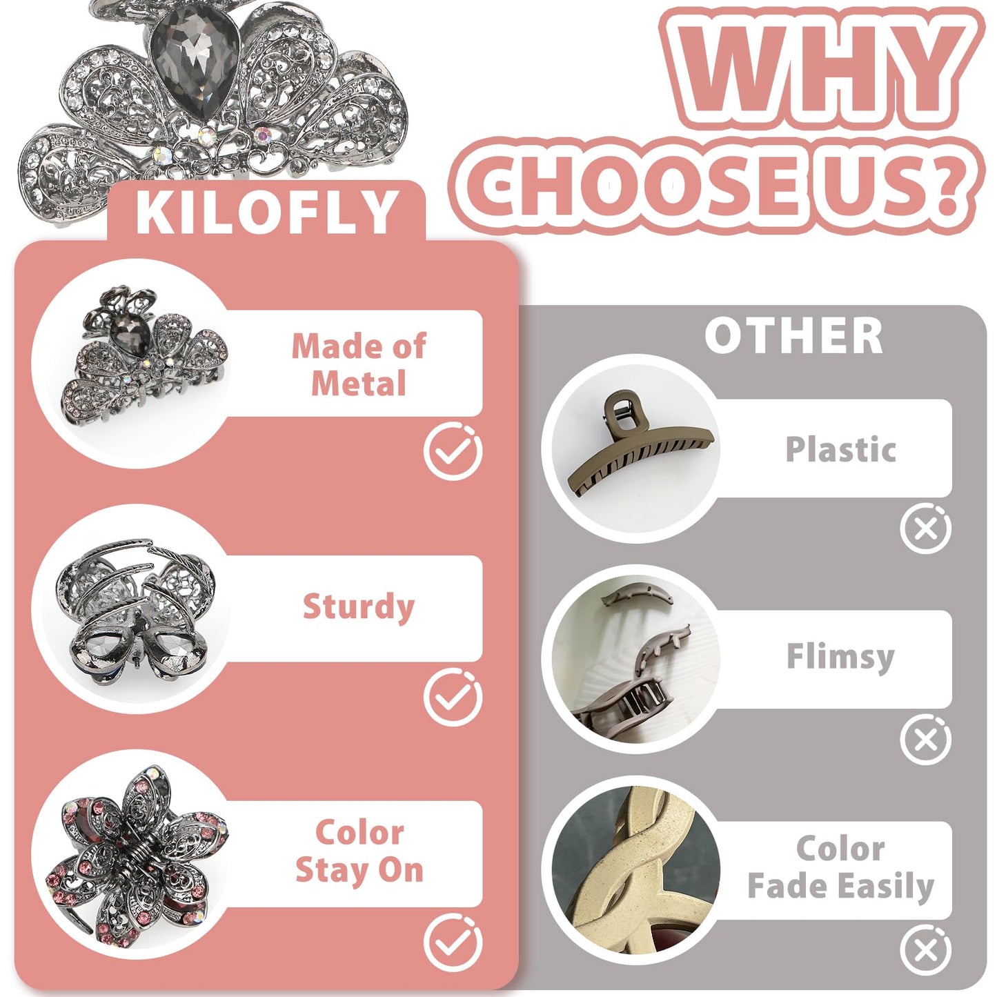 kilofly 3pc Vintage Crystal Hair Claw Clips Long Thick Hair Metal Clamps