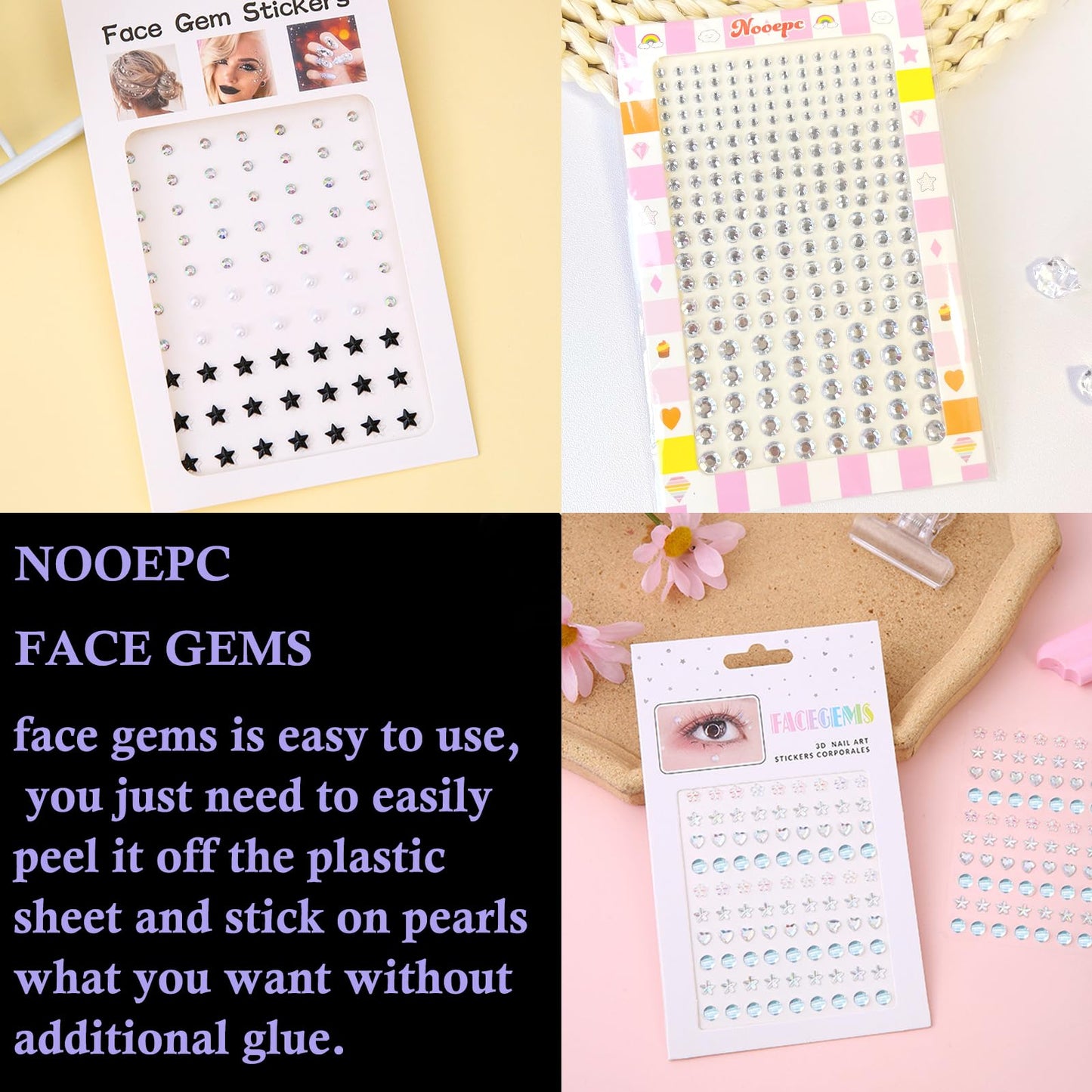 NOOEPC 660Pcs Face & Eye Gems, Self-Adhesive Rhinestones 3/4/5/6 mm DIY Face & Body Gems for Makeup & Crafts Beauty and Personal Care nooepc