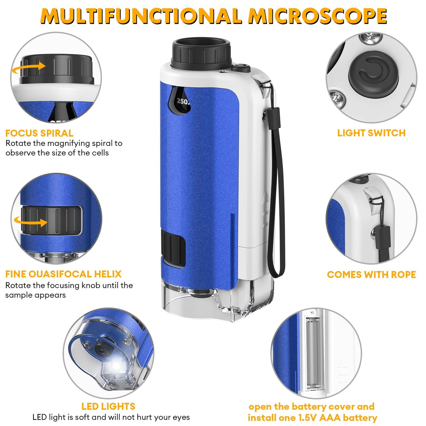 FUICZSN Portable Handheld Mini Microscope for Kids, 100x-250x Zoom with LED Lights, Alloy Pocket Microscope for Boys & Girls, Educational Science Kit (Blue)