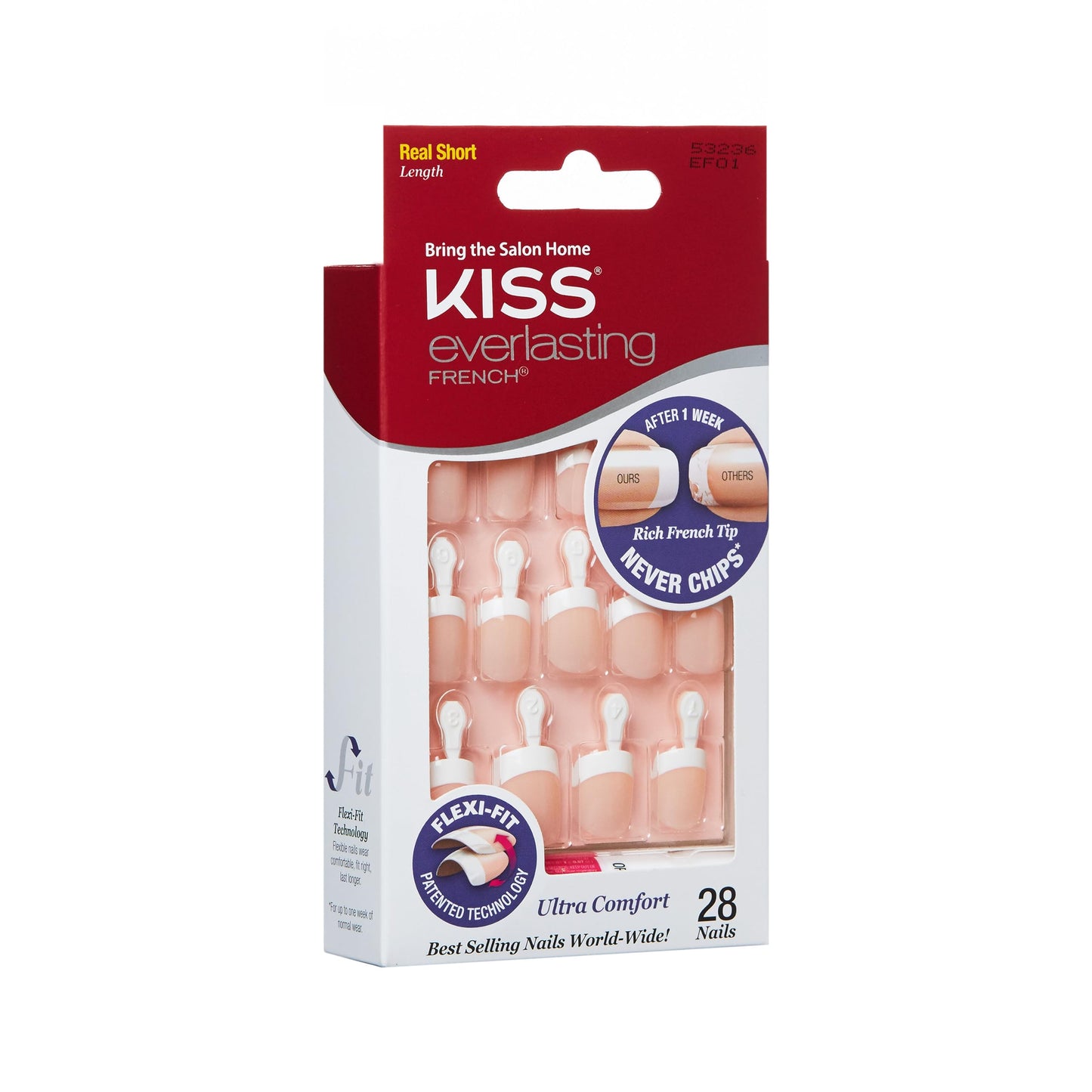 Kiss Everlasting French Nail Manicure, Chip-Free with Flexi-Fit Technology, Real Short, "Endless", Nail Kit with Pink Nail Glue (Net Wt. 2 g