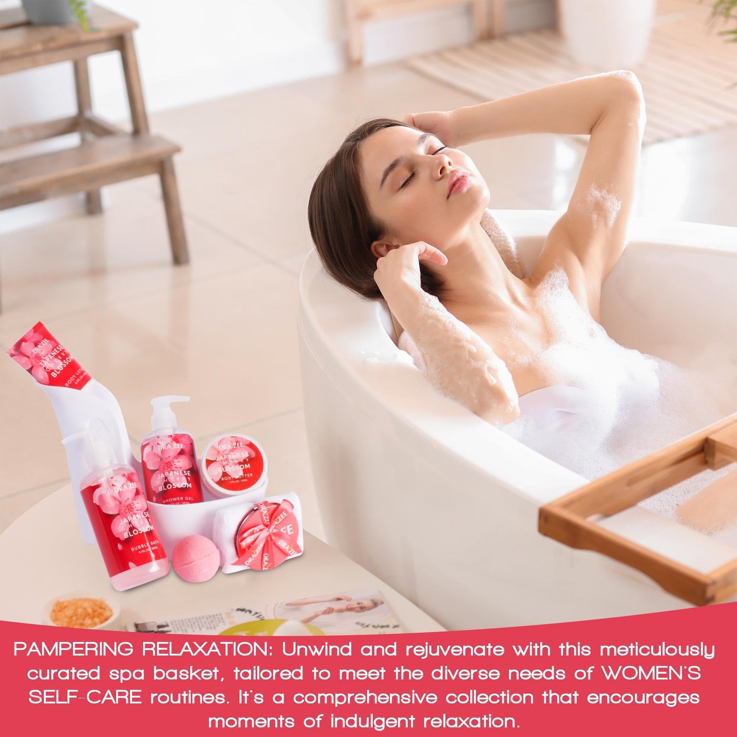 Valentine’s Day Gifts for Women - 8 Pc Spa Gift Baskets for Women, Cherry Blossom Scented Heel Shoe Spa Basket, Elegant Bath Set, Romantic Spa Gift