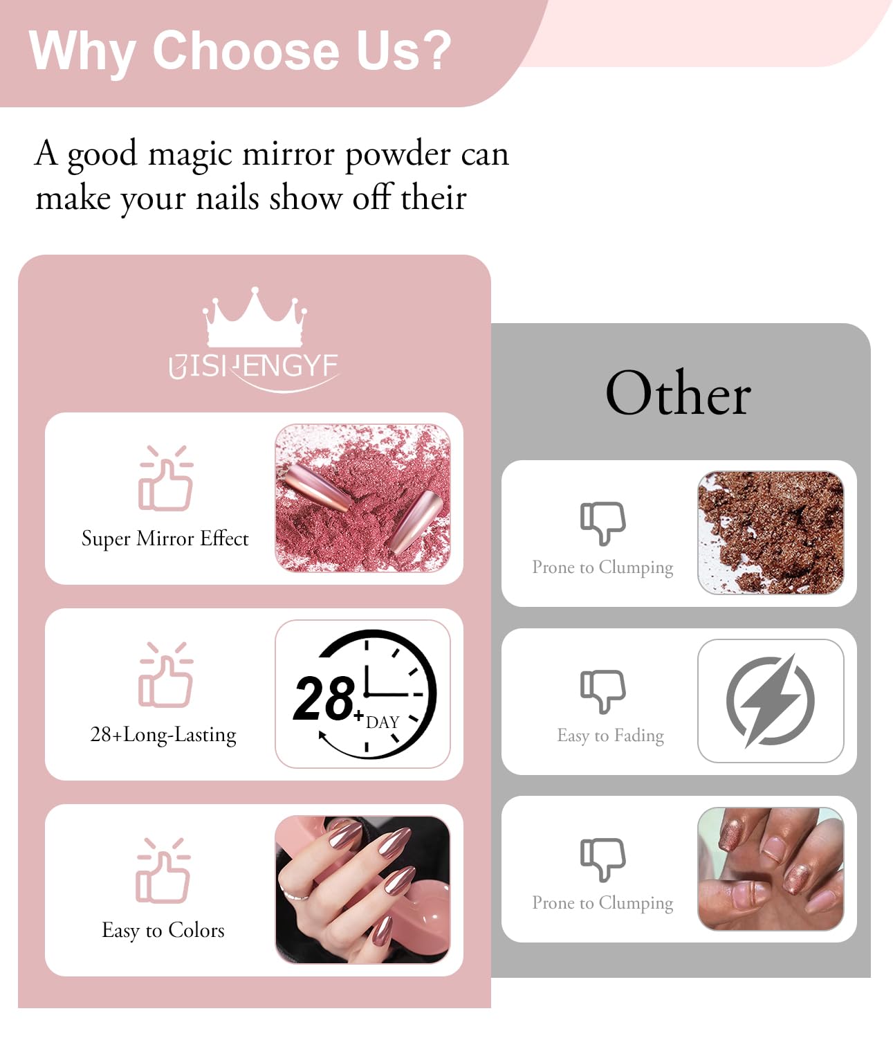 100% Metallic Effect Gold Chrome Nail Powder BISHENGYF: Holographic Mirror Glitter Gold Chrome Pigment Manicure Silver Copper Rose Gold Chrome Nail