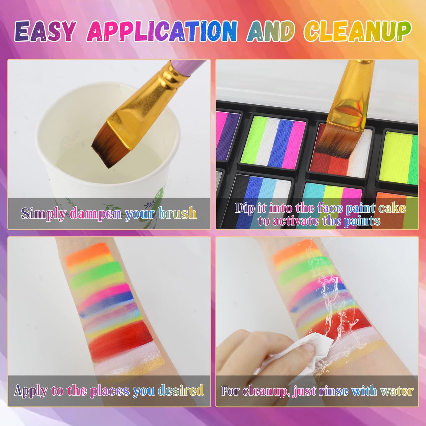 Water Activated Face Paint, Highly Pigmented Facepaint Makeup Kit, Quick-Drying Body Paint for Adults, Split Cake Face Paint with 4 Paint Brushes