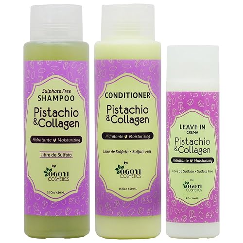 Ogoyi Cosmetics Pistachio & Collagen Shampoo + Conditioner + Leave in Crme Set - Strengthening, Nourishing - Dry Hair - 3 Count