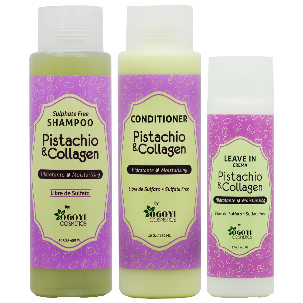 Ogoyi Cosmetics Pistachio & Collagen Shampoo + Conditioner + Leave in Crme Set - Strengthening, Nourishing - Dry Hair - 3 Count