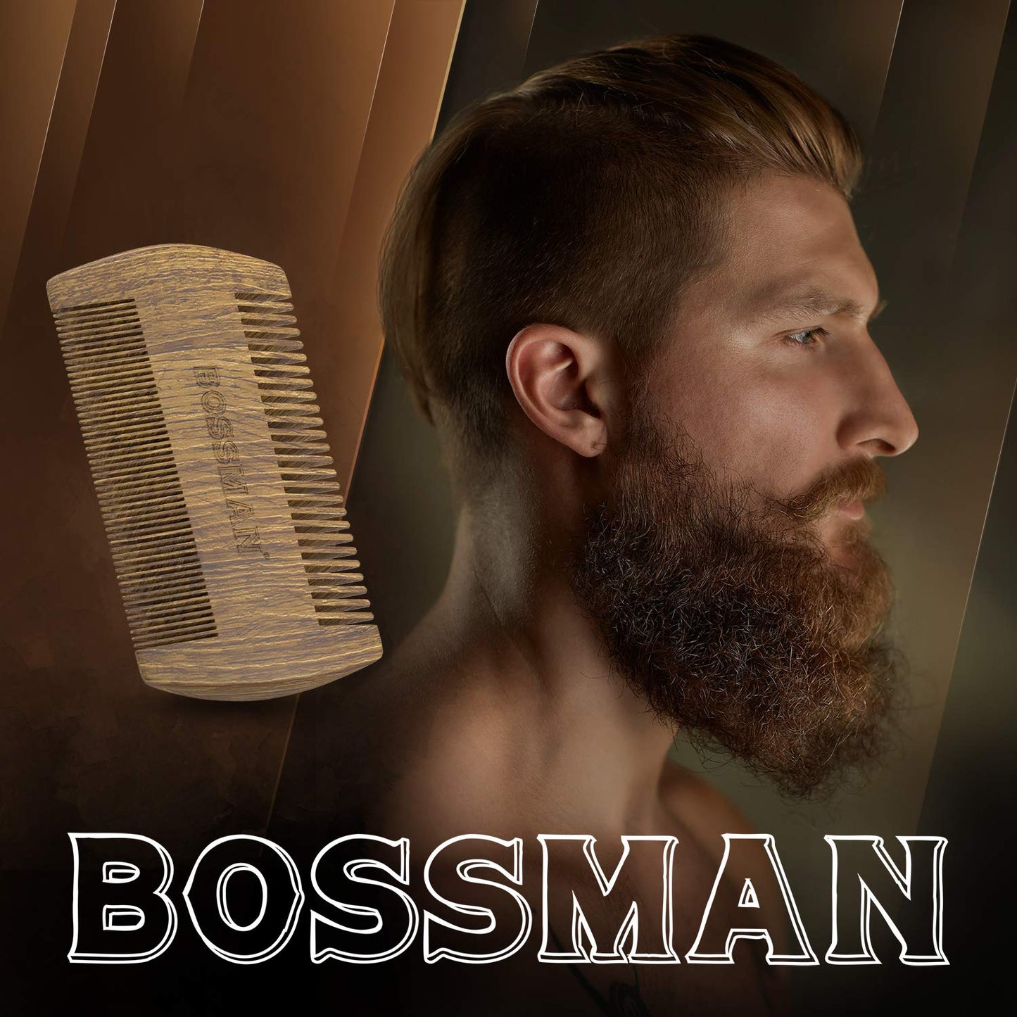 Bossman Pocket Size Sandalwood Comb with Protective Case - Fine and Wide Tooth for Beard, Mustache, and Hair Shaping Tool