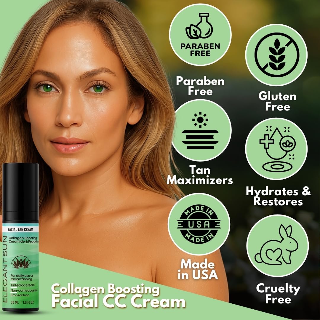 Flawless Glow Collagen-Boosting Facial Tan Cream - Peptide CC Serum with Copper Peptides GHK-Cu, Ceramides & Hyaluronic Acid - Bronzer-Free, No DHA