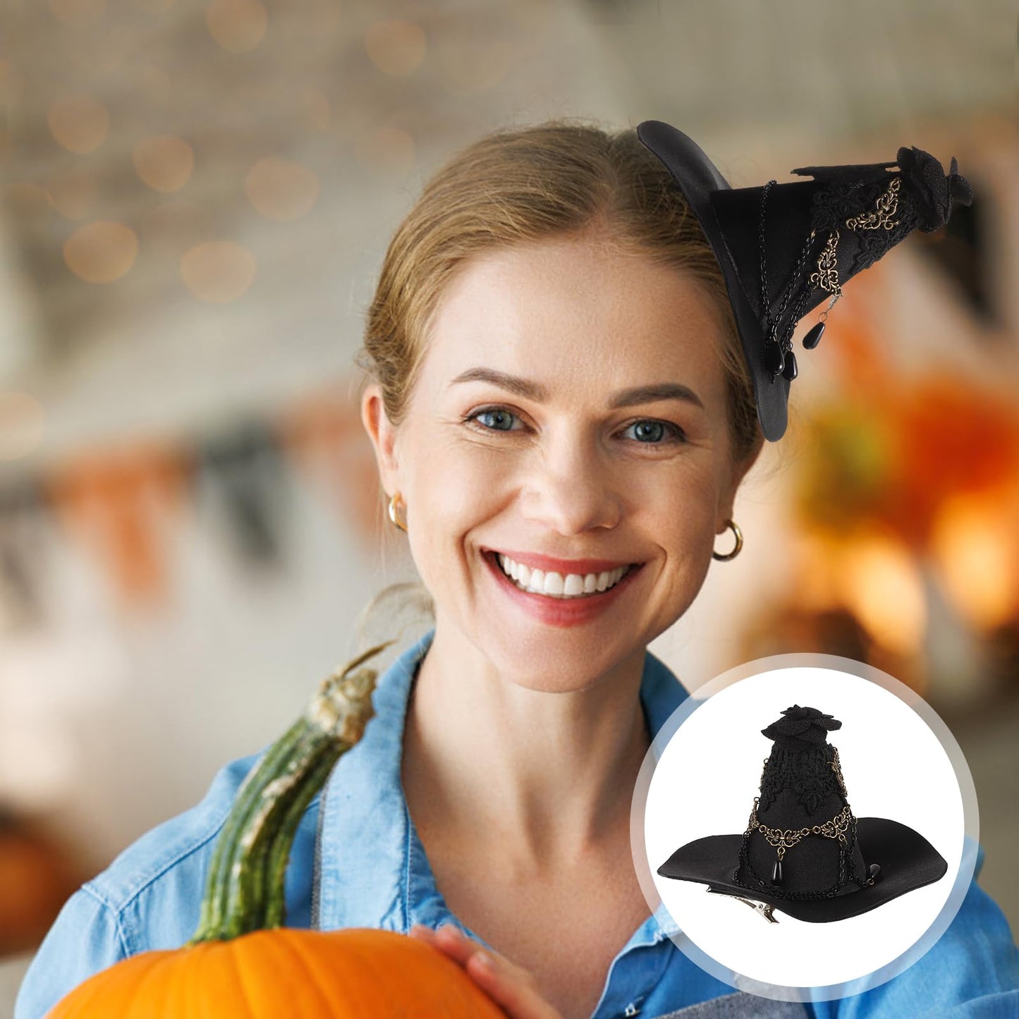 Balck Witch Hat Gothic Rose Tassel Decor Hair Clip Hair Accessories for Halloween Party