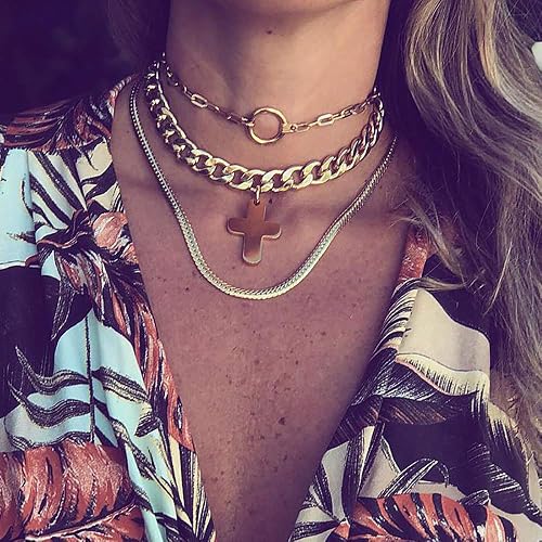 DoubleNine Ring Cross Choker Thick Gold Chain Choker 3 Layer Chain Curb Collar nNecklace for Women Girls