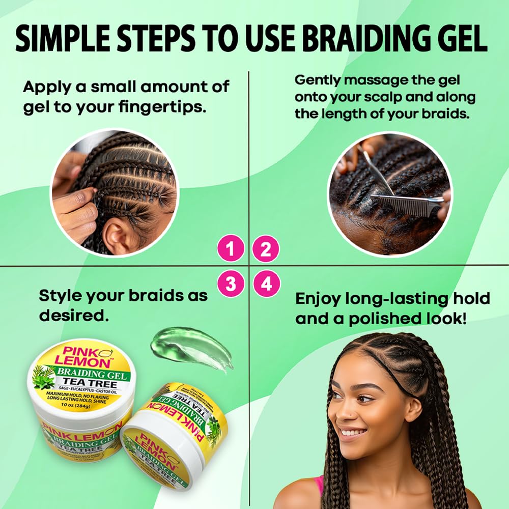 PINK LEMON Braiding Gel - Tea Tree - Maximum Hold, No Flaking, Long Lasting Hold, High Shine. For Micro, Inter, Dread, Faux, Loc, Twist, Braid, Edge