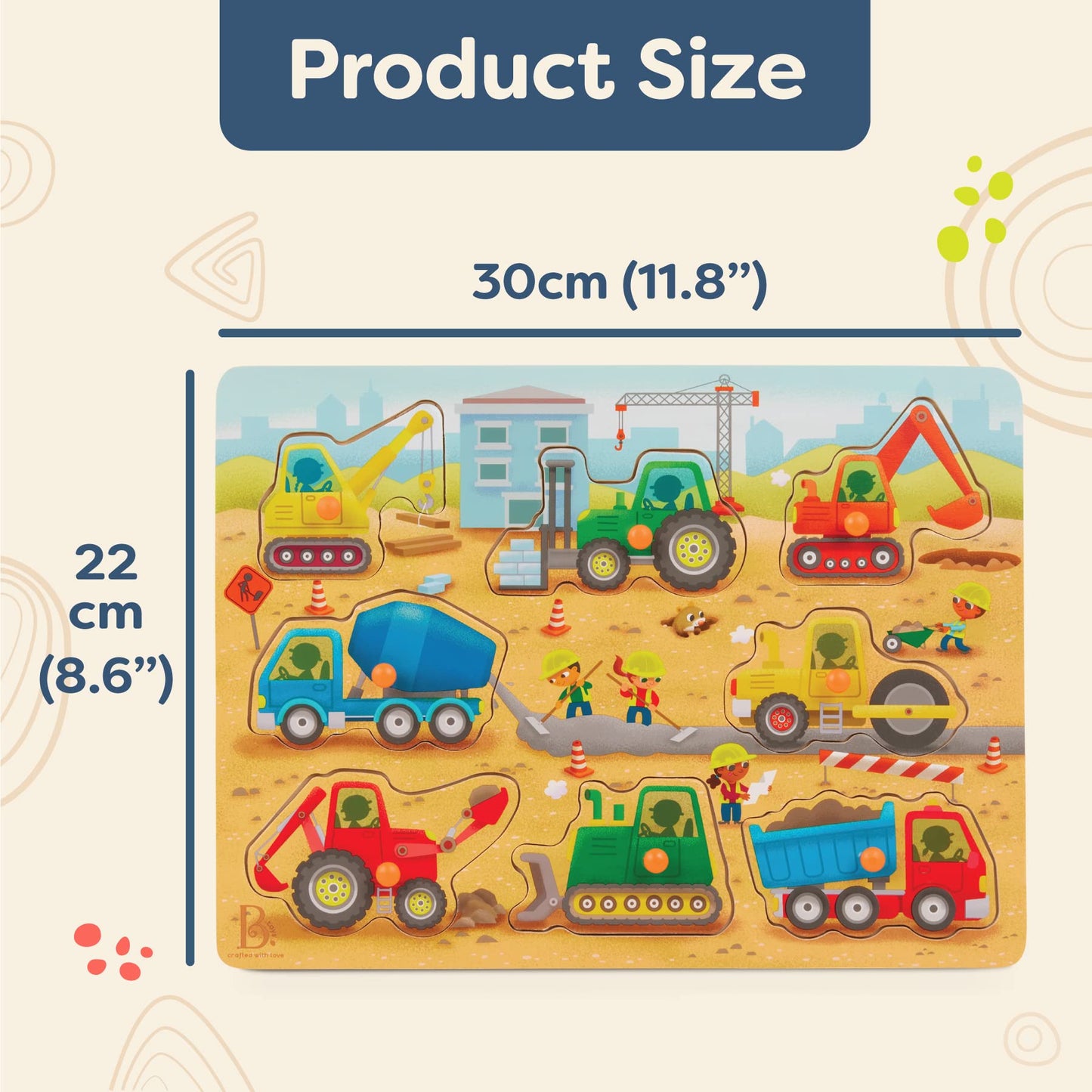 B. toys Peek & Explore Construction Trucks – Wooden Peg Puzzle for Toddlers 2+, 8 Truck Pieces Including Dump Truck, Cement Mixer & Excavator
