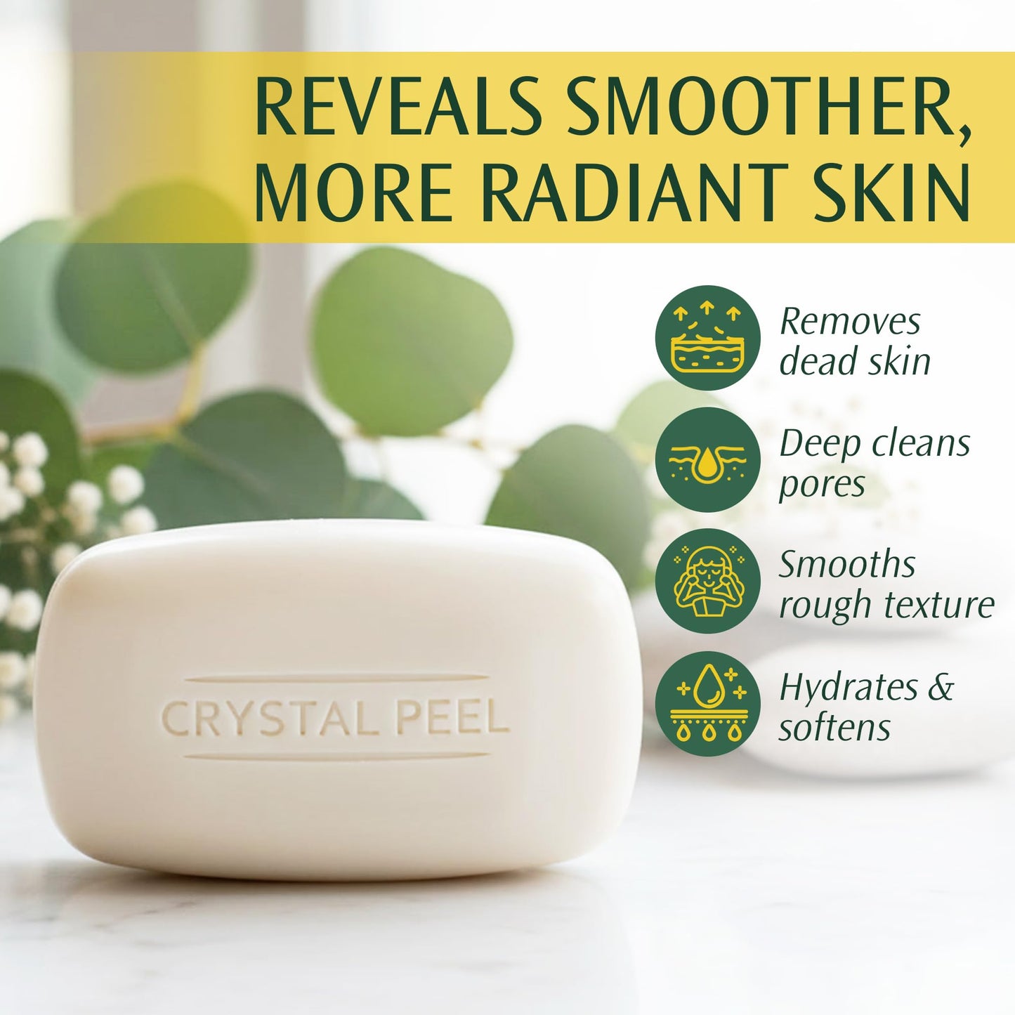 Exfoliating Bar Soap for Men & Women, Crystal Peel Luxury Microdermabrasion Hydrating & Exfoliating Body Soap Bar, Solid Magnesium Mineral Scrub