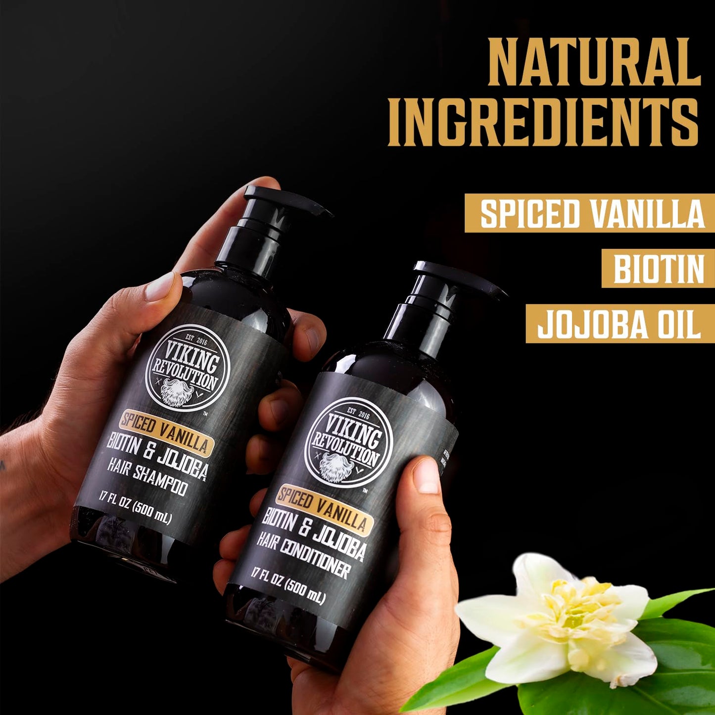 Viking Revolution Spiced Vanilla Mens Shampoo and Conditioner Set with Biotin and Jojoba Oil - Natural Hair Shampoo and Hair Conditioner for Men
