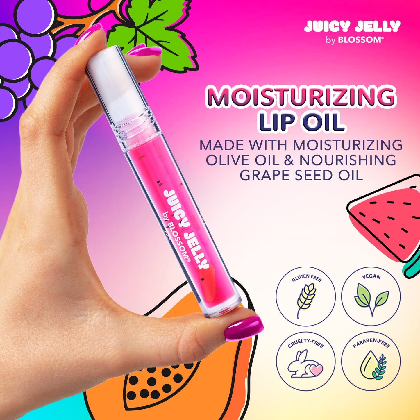 Blossom Lip Gloss Juicy Jelly Moisturizing Fruit Flavored Nourishing High Shine Lip Oil with Doe Foot Wand Applicator, 0.09oz, Strawberry
