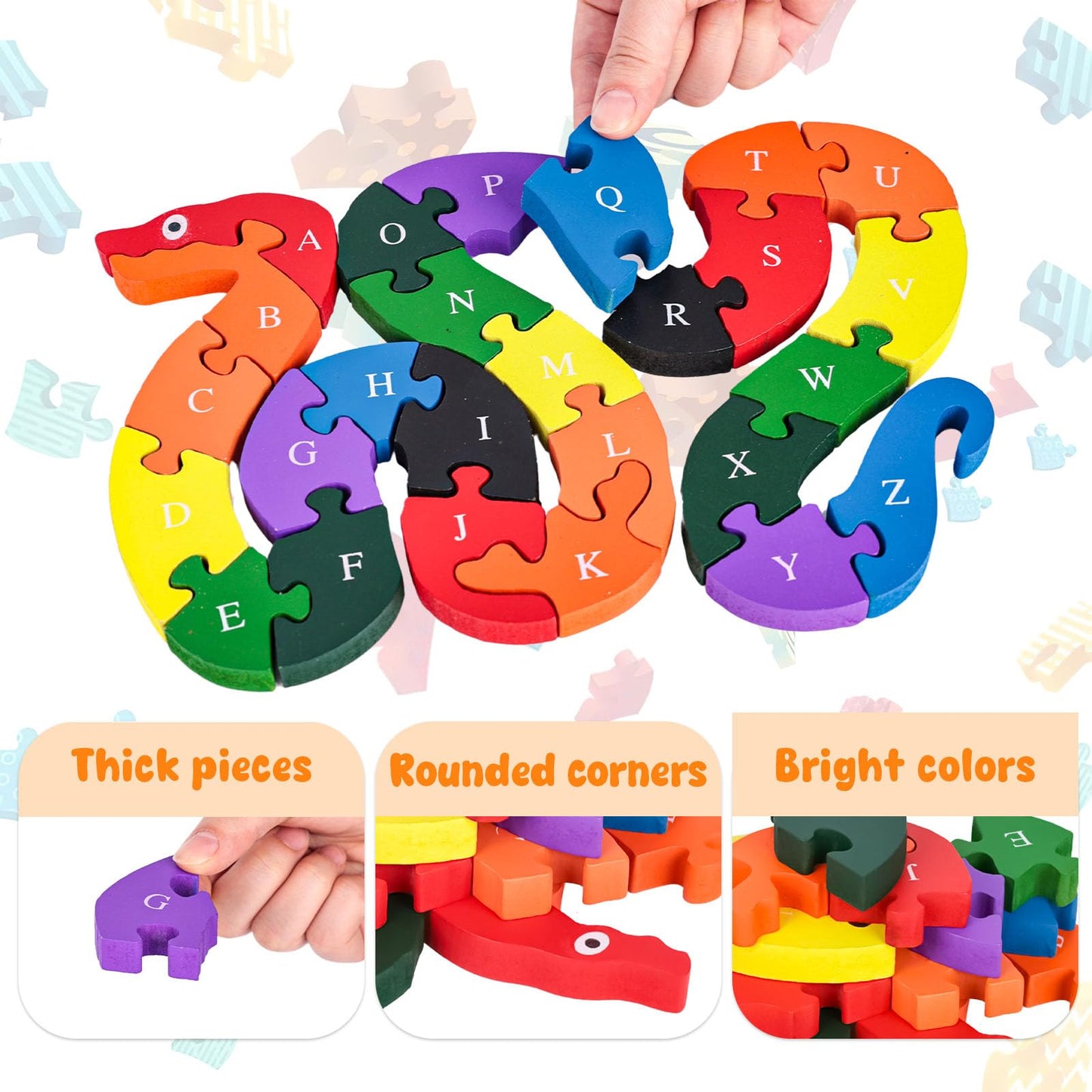 LovesTown Montessori Wooden Alphabet Puzzle – ABC Snake Learning Toy for Toddlers, Educational Preschool Jigsaw for Early Childhood Development