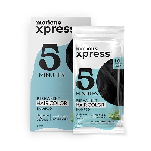 Motions Xpress Permanent Hair Color Shampoo Natural Black - 5 Minute Color, Gray Coverage, Ammonia Free, Deep Shine Hair Dye Shampoo, 0.84 Oz