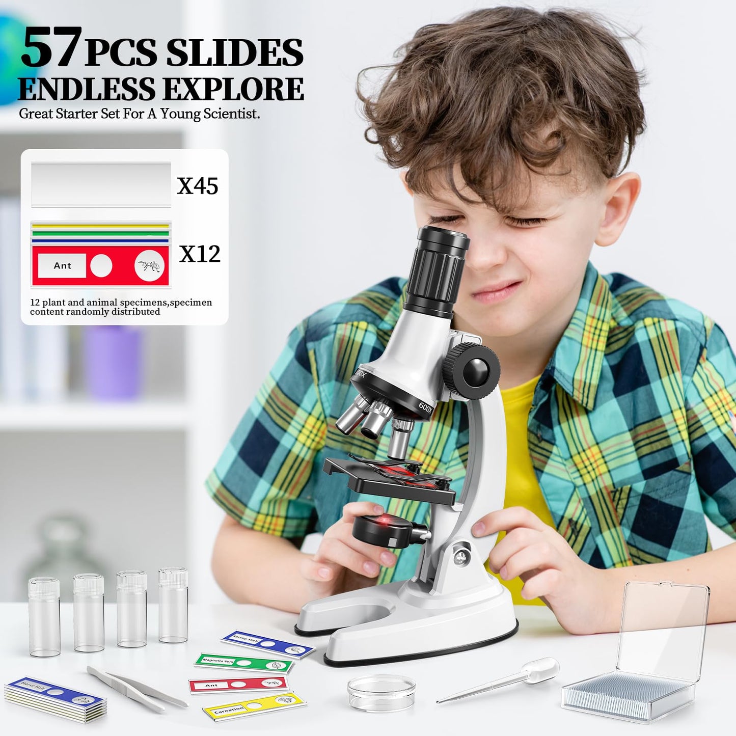 Novaluki 65PCS Kids Microscope Kit – 100x-1200x Magnification with 7 LED Colors & 12 Slides, STEM Science Set for Boys & Girls Ages 5–12