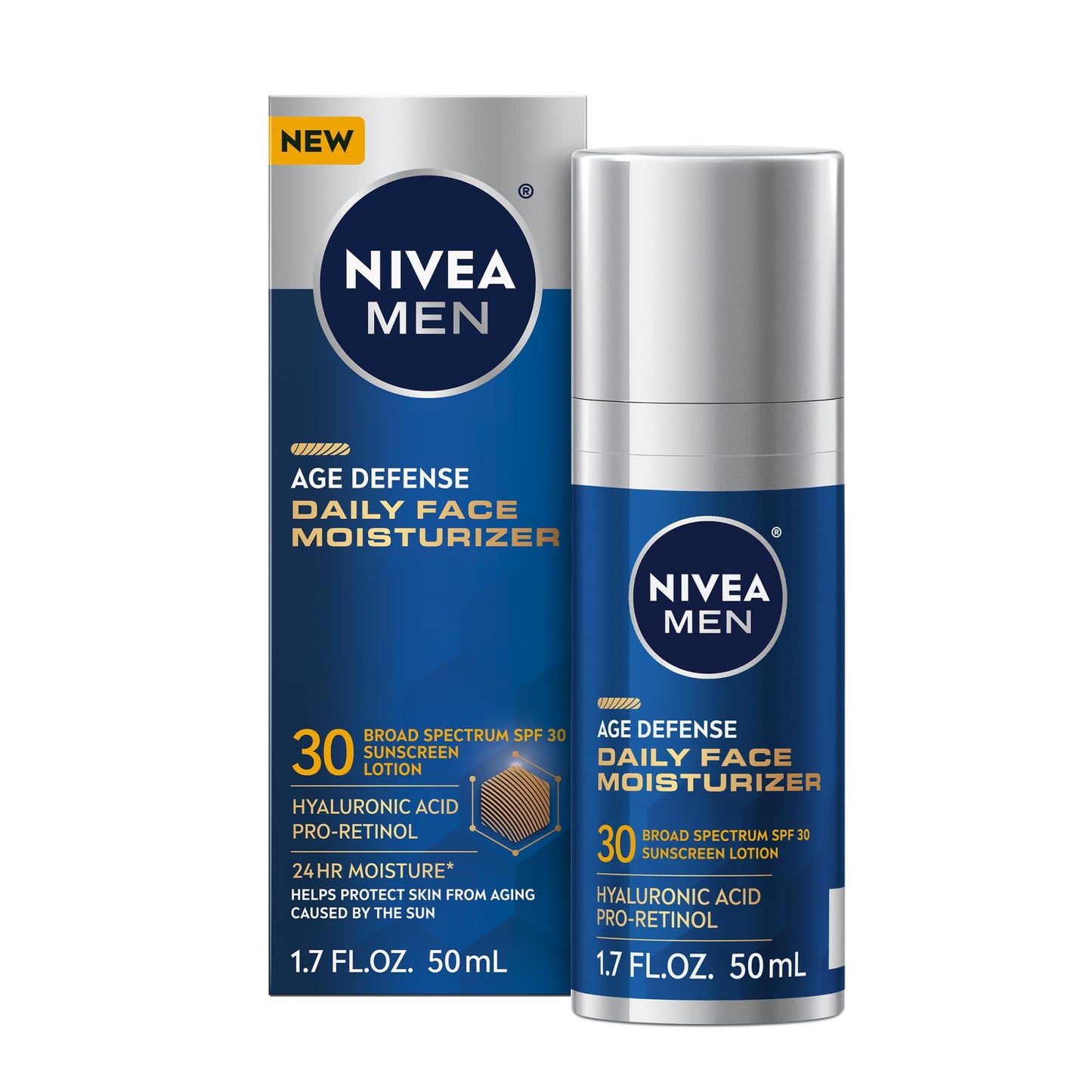 NIVEA MEN Age Defense Daily Face Moisturizer with Broad Spectrum SPF 30 Sunscreen, Pro-Retinol and Hyaluronic Acid, Beard-Friendly Face Lotion Helps