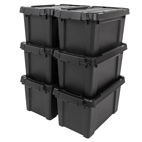 IRIS USA 5 Gallon Lockable Storage Bins with Lids, 6 Pack - Made in USA, Heavy Duty, Stackable Containers, Garage Organizing Bins Moving Tubs, Rugged…