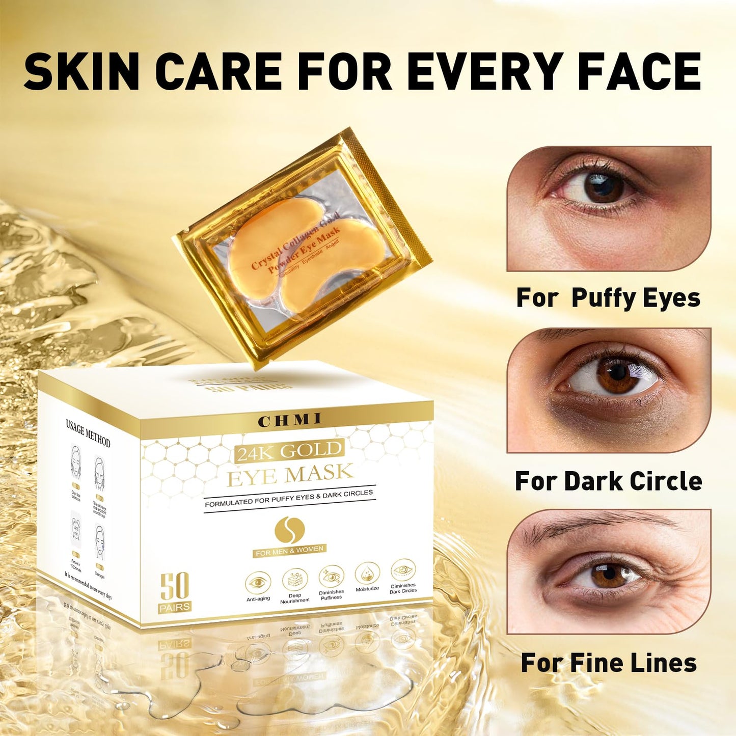 CHMI Under Eye Patches (50 Pairs) - 24K Gold Eye Patches for Puffy Eyes, Dark Circles, EyeBags and Wrinkles, Collagen Skin Care Products, Beauty Beauty and Personal Care CHMI