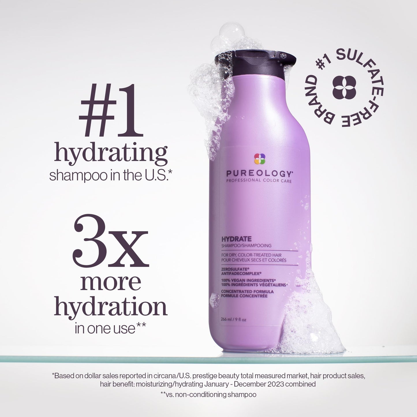 Pureology Hydrate Shampoo - For Dry or Color Treated Hair, Moisturizing Shampoo For Hydration & Softness, With Rose Extract & Green Tea, Vegan