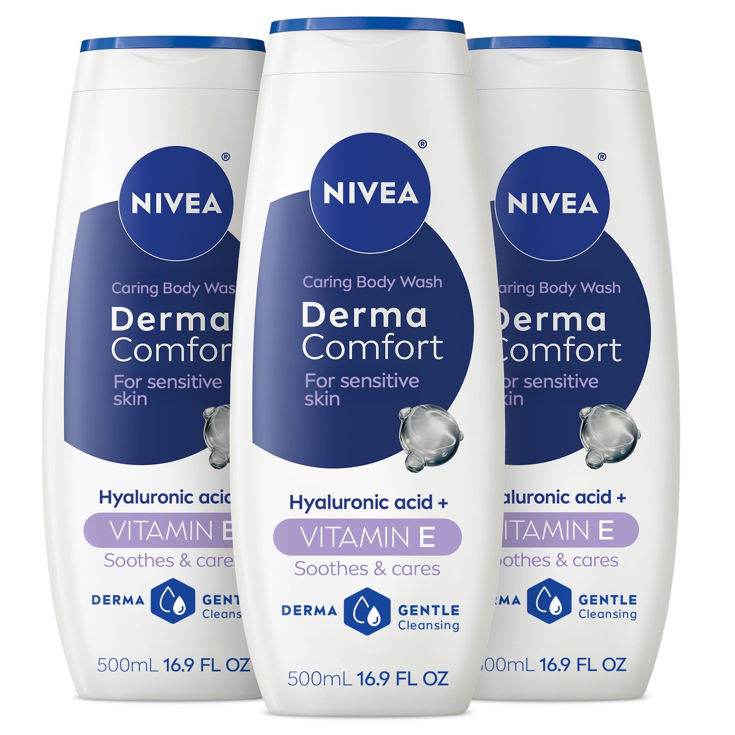 NIVEA Derma Comfort Caring Body Wash for Sensitive Skin, Body Wash with Hyaluronic Acid and Vitamin E, 16.9 Fl Oz Bottle, Pack of 3 Beauty & Personal Care NIVEA