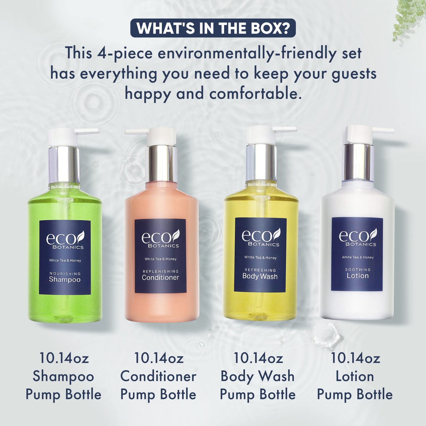 Eco Botanics Hotel Amenities Set | 10.14oz Pump Bottles | Shampoo, Conditioner, Hand & Body Wash, and Lotion | Set of 4