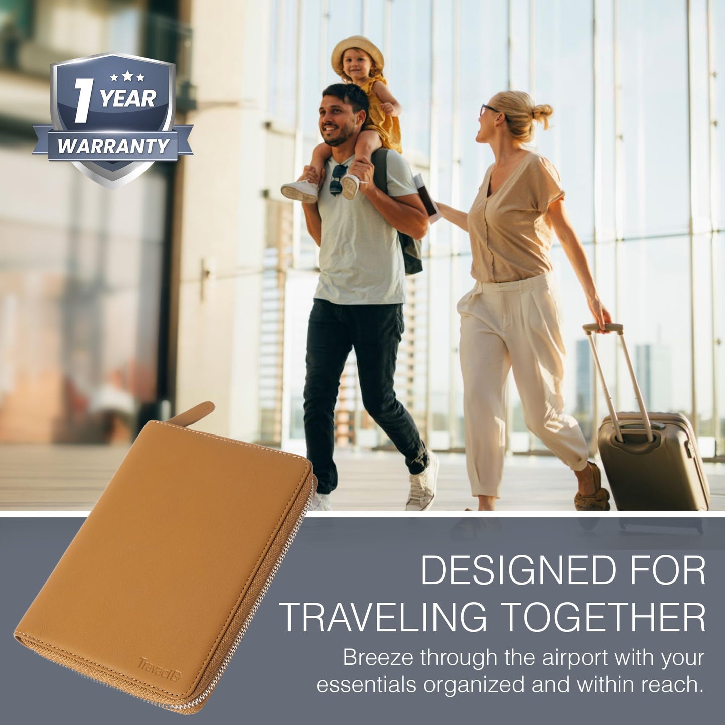 Full Grain Leather Family Passport Holder – RFID Travel Wallet & Document Organizer for 2-4 Passports, Couples & Families, Camel