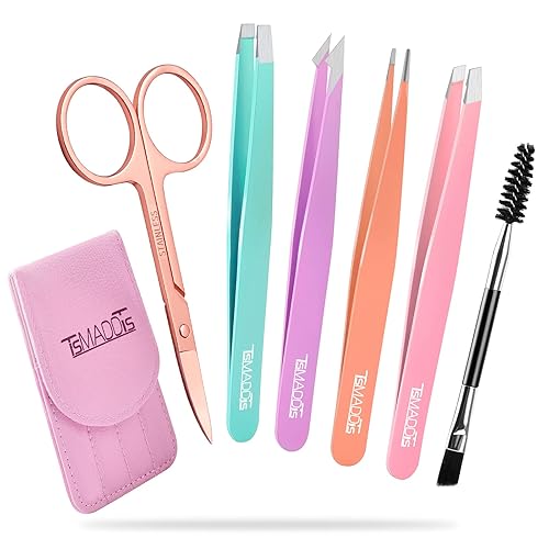 TsMADDTs 6 PCS Tweezers Set for Women, Eyebrow Tweezers with Curved Scissor for Ingrown Hair, Hair Plucking Daily Beauty Tools with Leather Travel