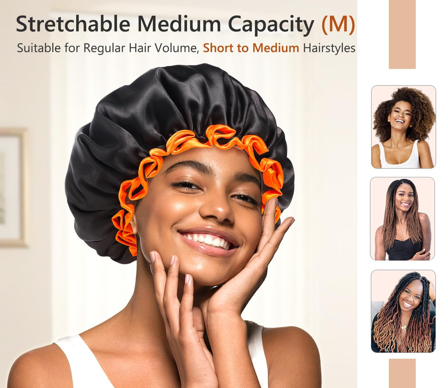 mikimini Black Shower Cap, Double Layers Waterproof Bathing Hair Cap with Reusable Soft Comfortable PEVA Lining, Cute, Non-fading & Stretchy Shower