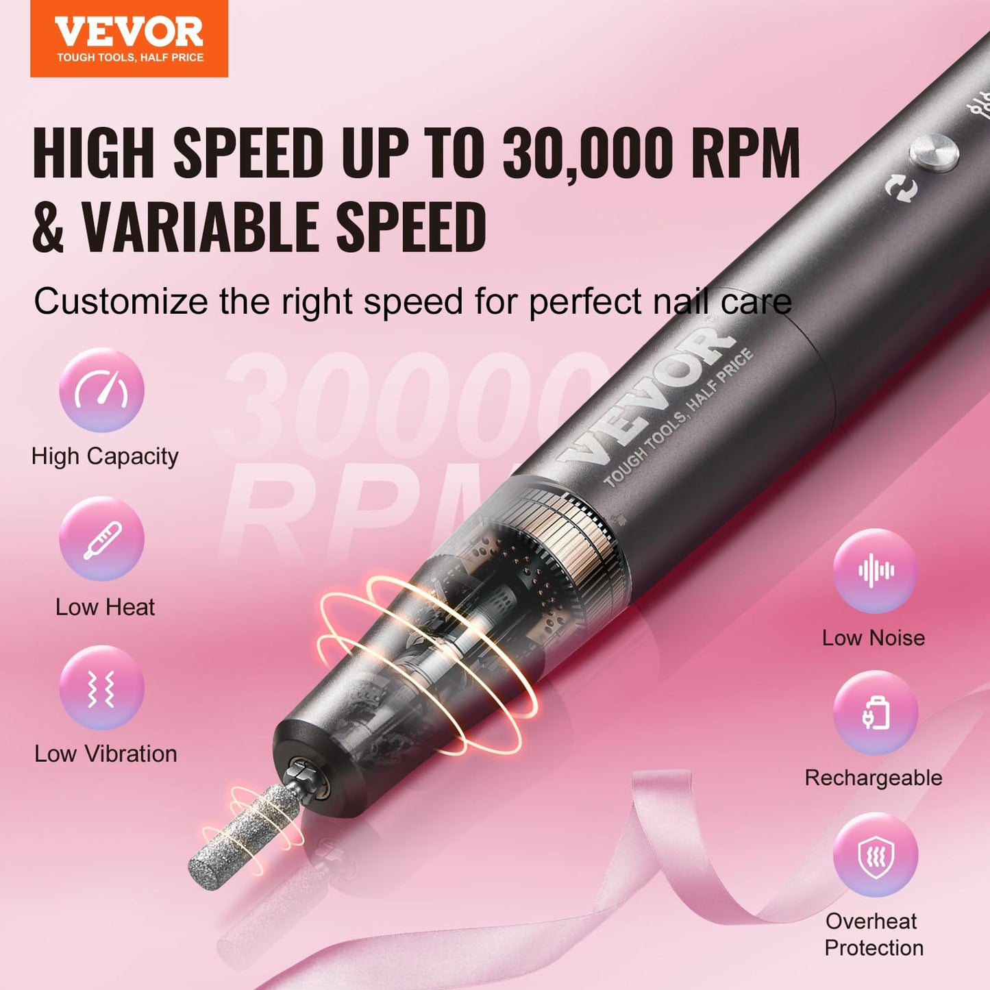 VEVOR Electric Cordless Nail Drill, 30,000RPM Variable-Speed Rechargeable Nail E File Machine, Nail Surface Smooth, Portable Manicure Pedicure Beauty & Personal Care VEVOR
