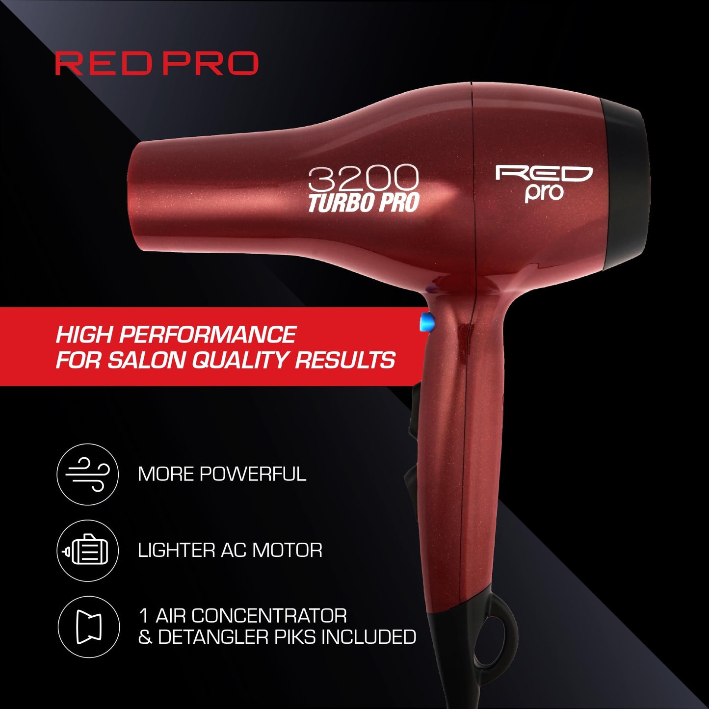 RED PRO 3200 Turbo Pro Detangler AC Hair Dryer, 3 Heat/2 Speed Settings, Cool Shot Button, Powerful Airflow, 3 Additional Styling Attachments