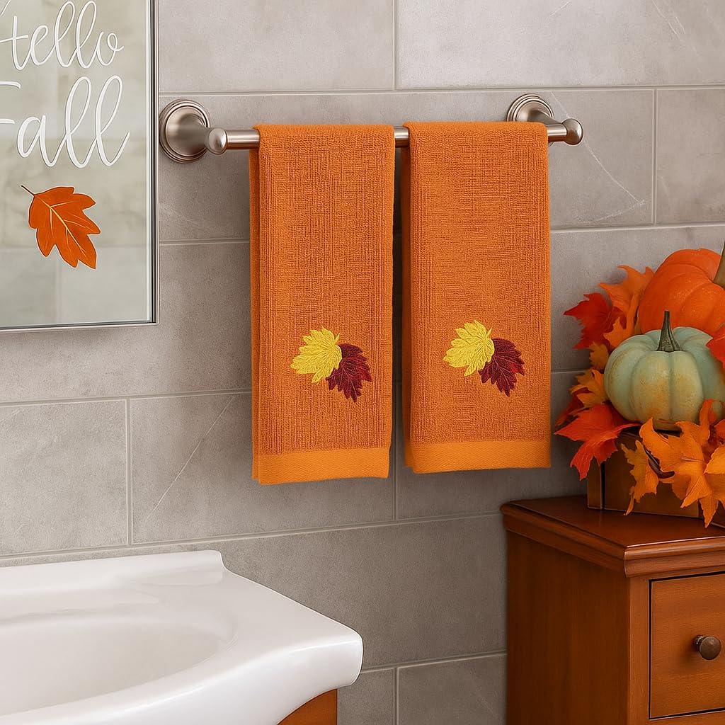 Fall Bathroom Leaf Fingertip Towels: Embroidered Gold Burgundy Leaves on Rust Orange, 2 Piece Bath Set, 12 x 18 Inches Each