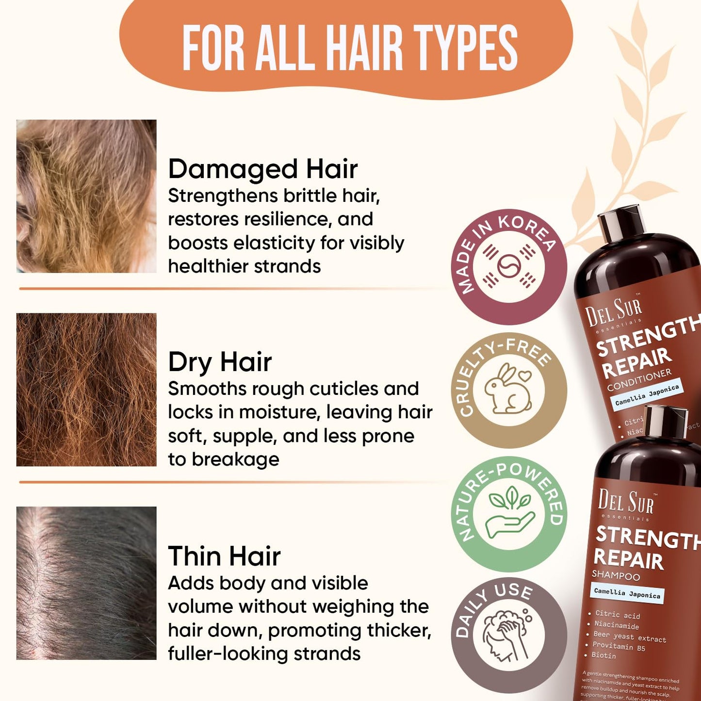 DEL SUR Hair Strengthening Shampoo and Conditioner Set | 16 fl oz Each | with Camellia Japonica, Niacinamide, Provitamin B5 & Biotin | Repair