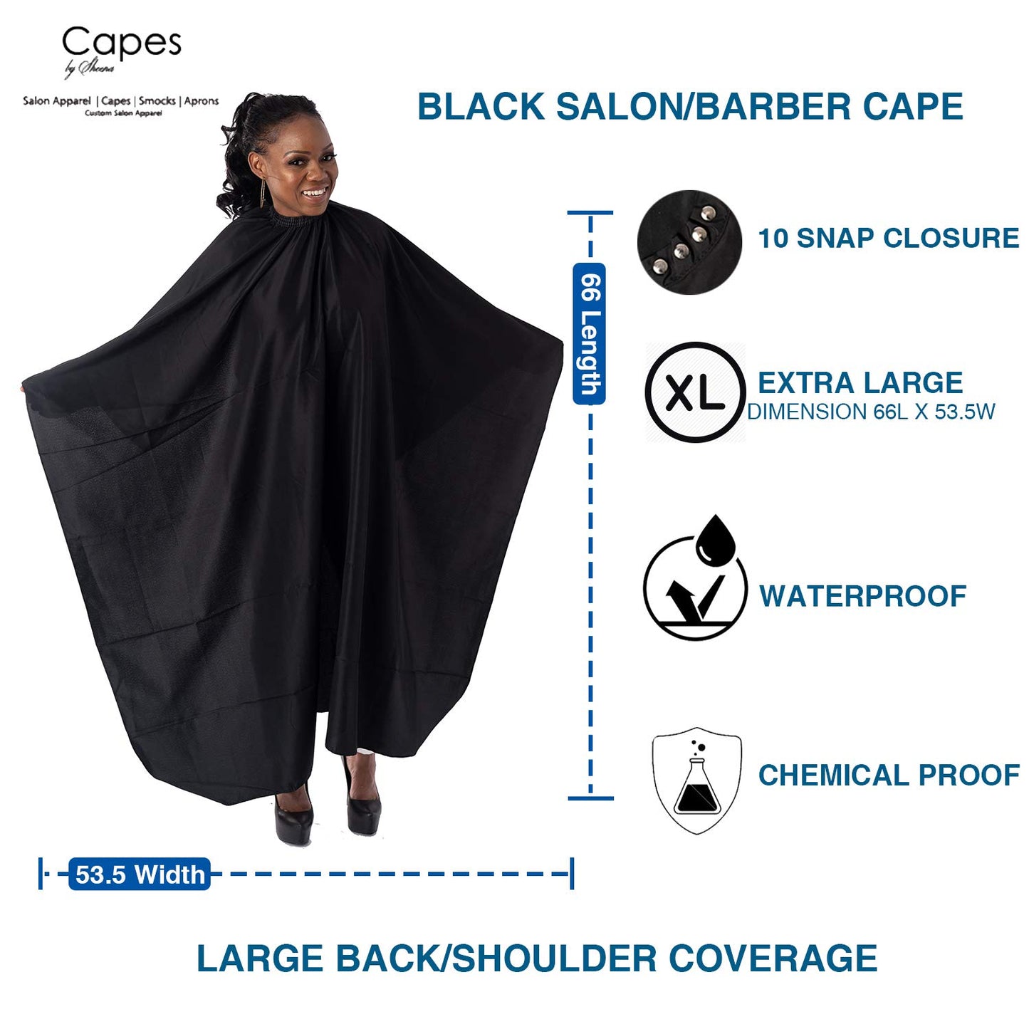 Capes By Sheena Black Nylon Hairdresser Barber Cape W/ 10 Snap Closure, X Large 66” L x 53.5” Stylist Supplies for Hair-Cutting