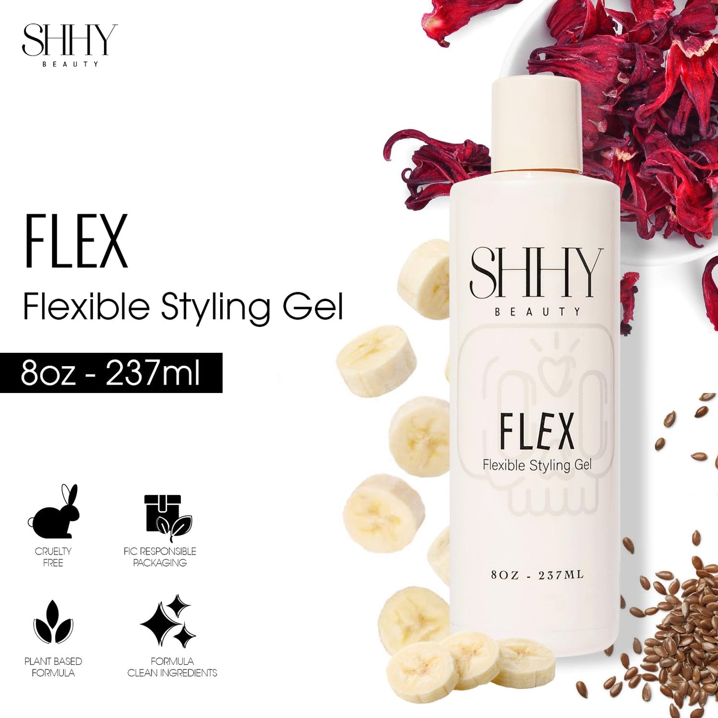 SHHY BEAUTY FLEX Styling Gel, Lightweight Vegan Hair Styling Gel with Flaxseed Oil, Banana Extract, and Hibiscus Flower Extract, Natural Hold, Frizz