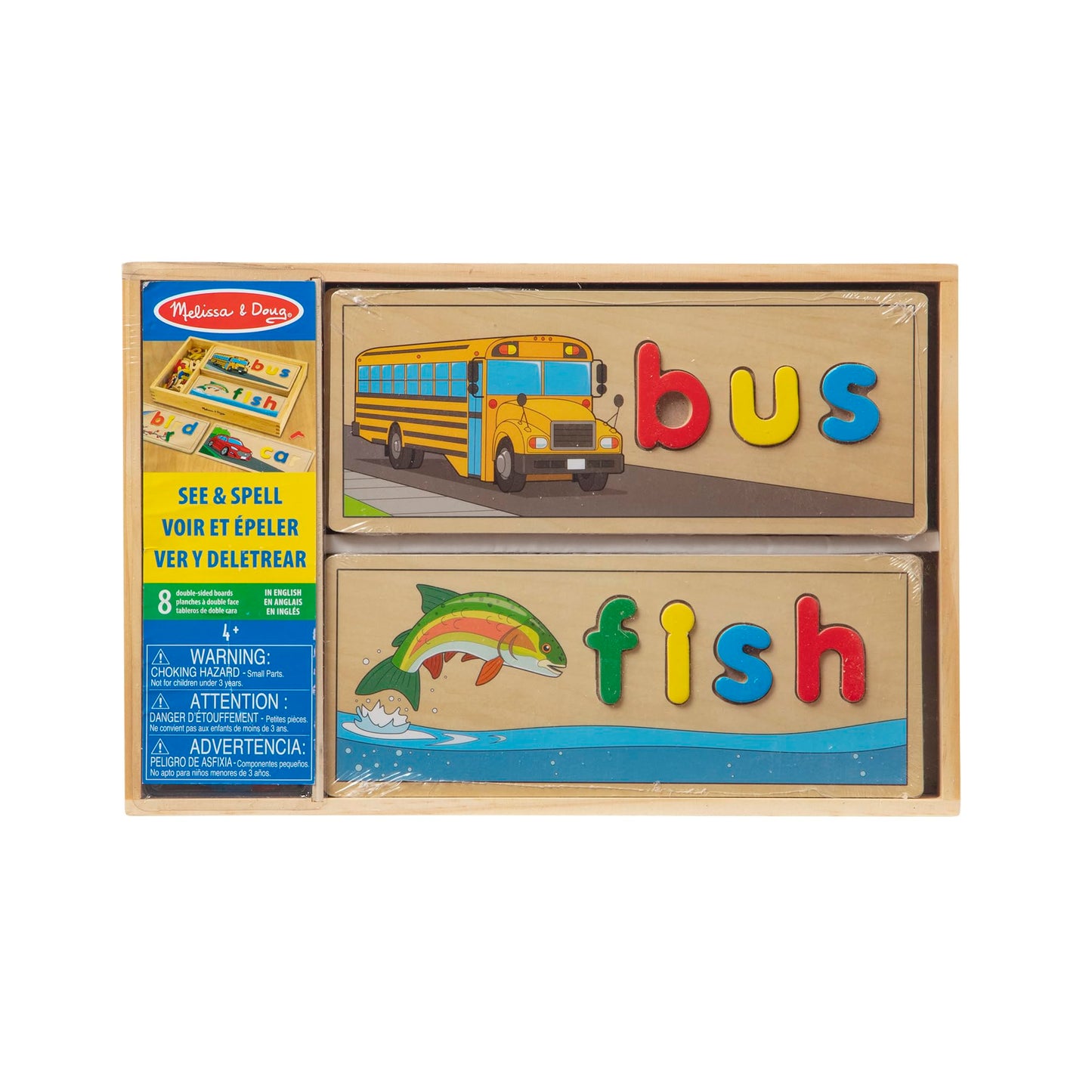 Melissa & Doug See & Spell Wooden Educational Toy – 8 Double-Sided Spelling Boards & 64 Letters, Preschool Learning for Kids Ages 4+