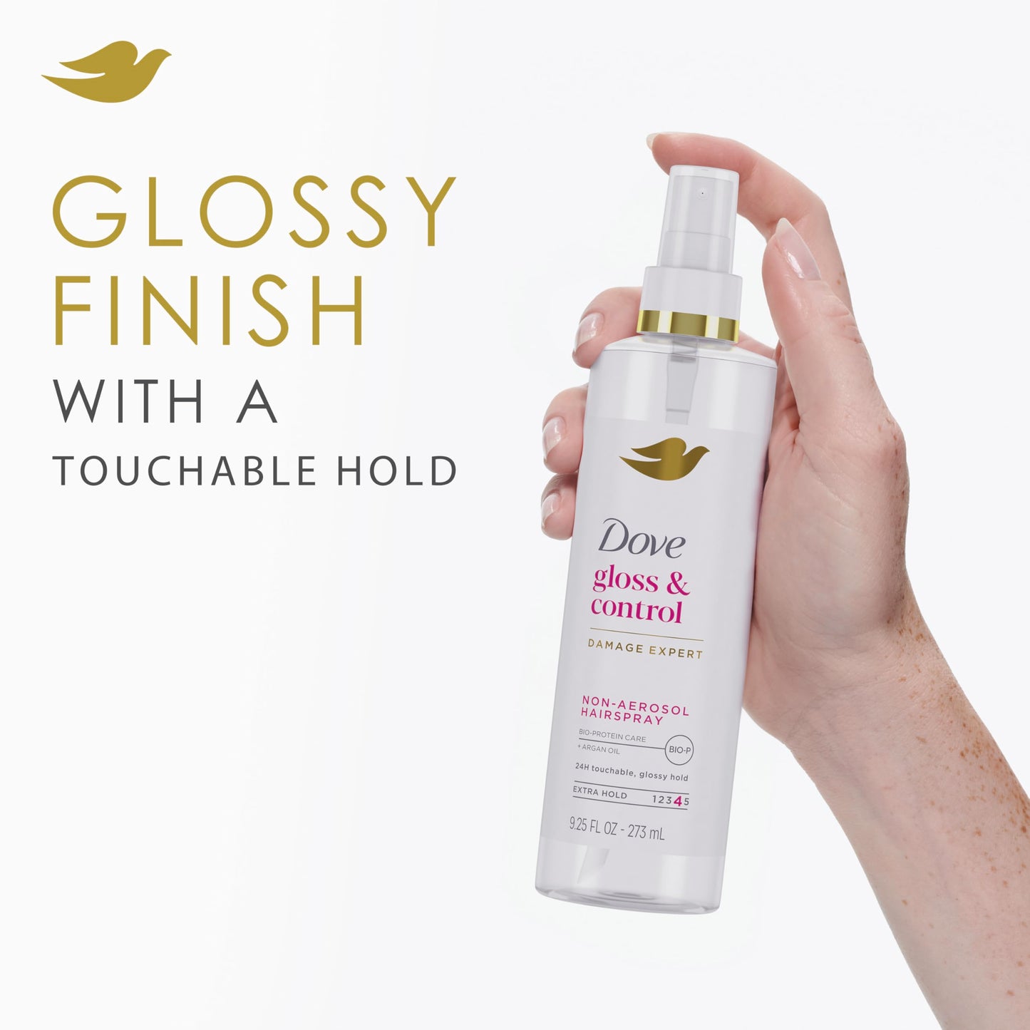 Dove Extra Hold Styling Hairspray Gloss & Control Hairspray Non-Aerosol for Long-Lasting Hold & Shine for 24H Touchable, Glossy Hold 9.25 oz