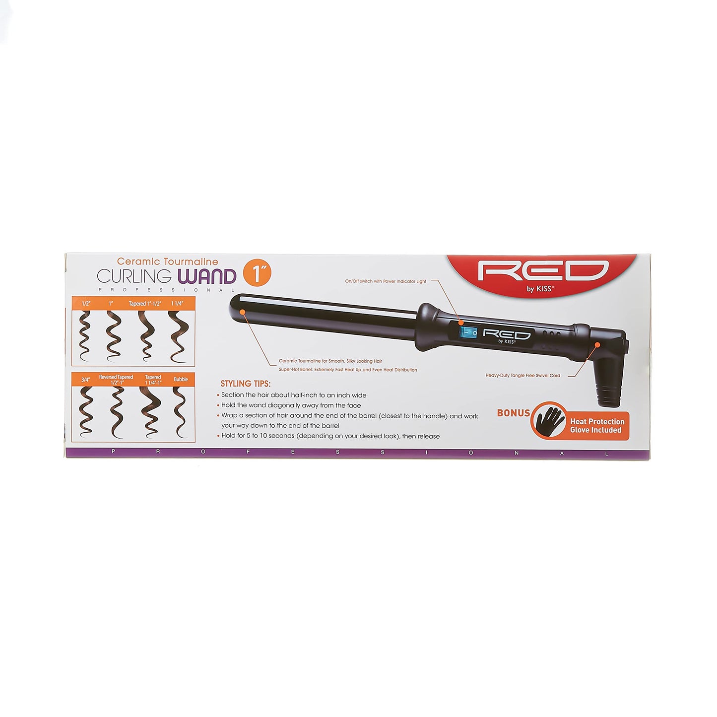 Kiss Red By Ceramic Tourmaline Curling Wand CIW021" inch, Black, 1 Count