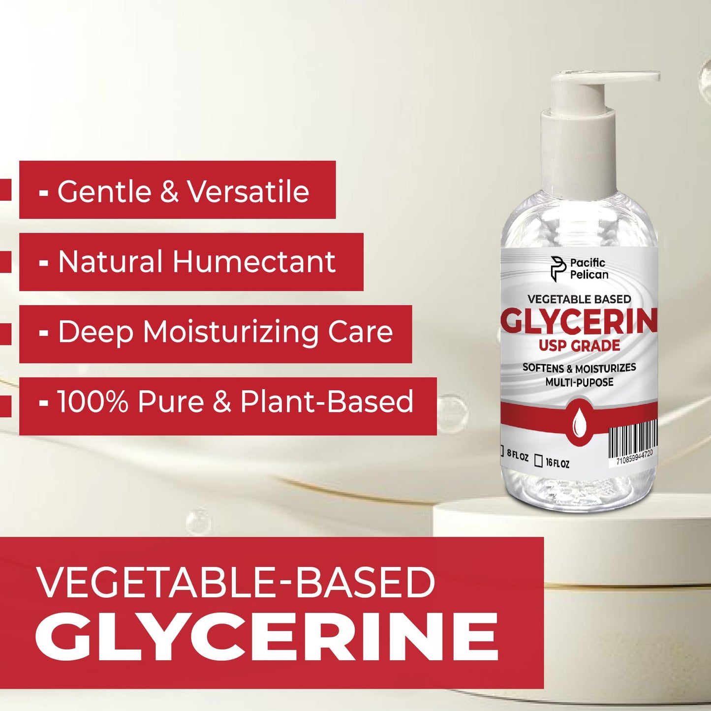 Pacific Pelican Vegetable-Based Glycerin | USP Grade | Softens & Moisturizes | Multi-Purpose (8 fl oz)
