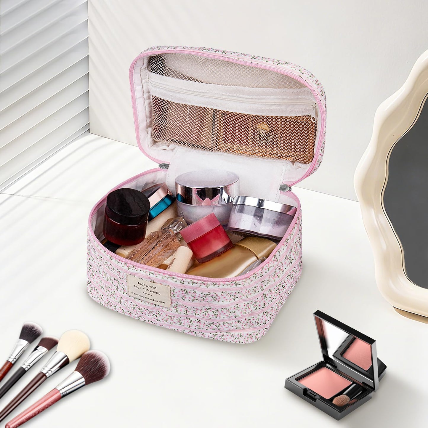 Gosect Large Makeup Bag, Cute Cosmetic Bag for Women Girls, Floral Coquette Aesthetic Toiletry Bag, Travel Make Up Organizer Bag (Rose Plaid Pattern) Beauty and Personal Care Gosect