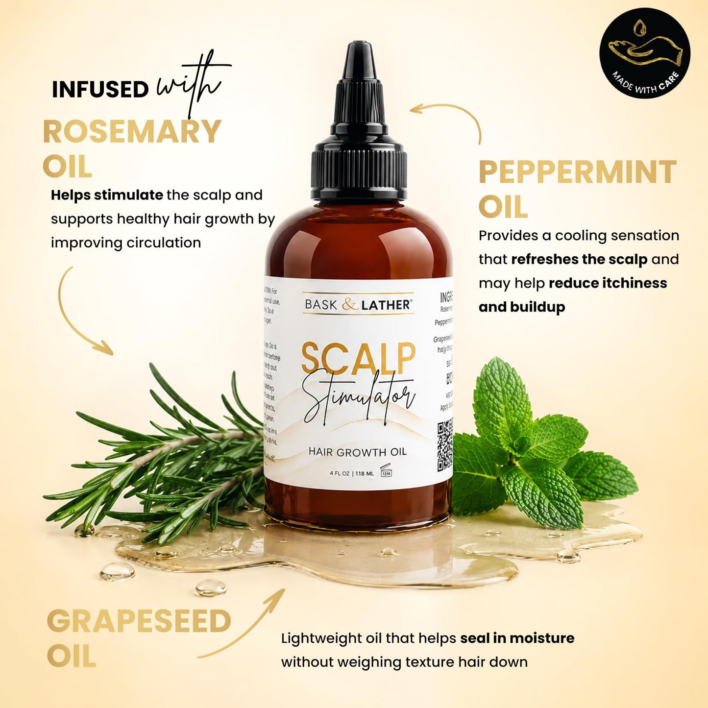 Bask & Lather Scalp Stimulator Hair Growth Oil, Cold Pressed Mint and Rosemary Blend with Grapeseed for Hair Growth, Organic Natural Leave in, All Beauty and Personal Care BASK & LATHER