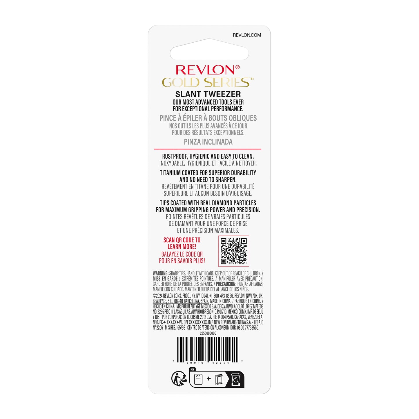 Revlon Gold Series Slanted Tip Tweezers, Ultra-Sharp for Precision Eyebrow Shaping and Facial Hair Removal, Stocking Stuffer for Women, 1 count