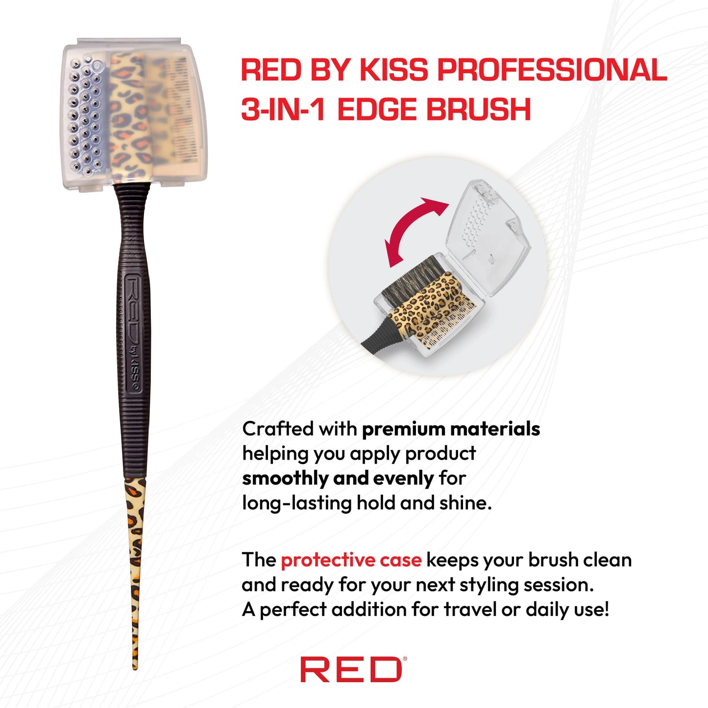 Red by Kiss Professional 3-in-1 Edge Brush with Case – Boar Bristles, Fine Tooth Comb & Rat Tail End for Edge Control & Precision Styling