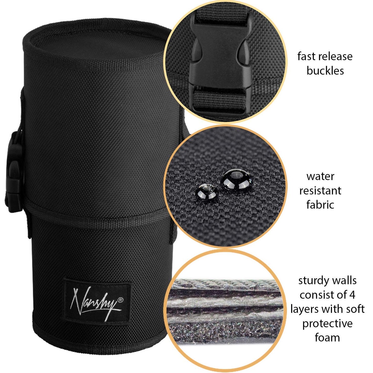 Nanshy Travel Makeup Brush Holder with Lid - Large, Stand Up Makeup Brush Case for MUA - 2-in-1 Durable Makeup Brush Organizer Bag & 2 Brush Cups