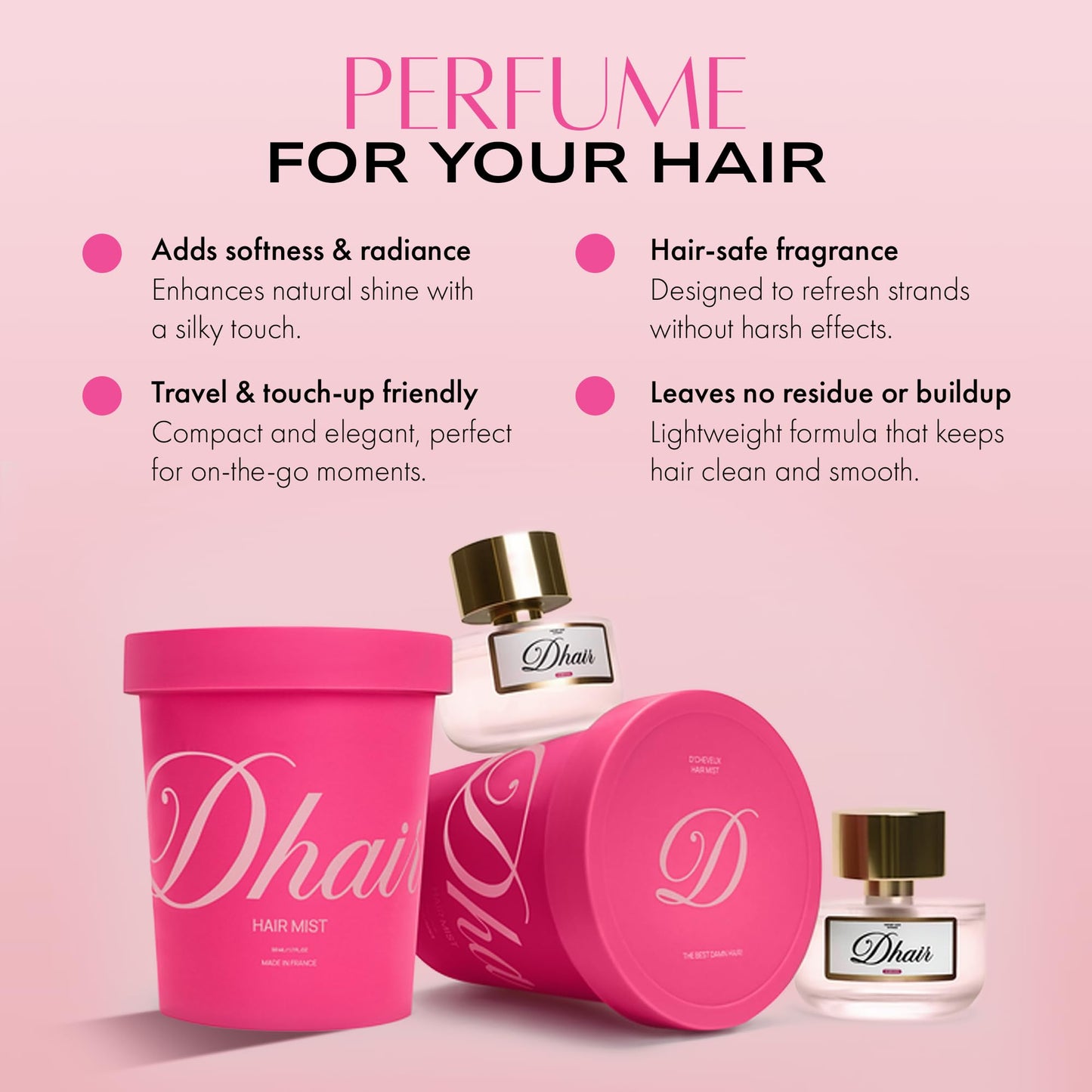 D'Cheveux Hair Perfume Mist for all hair types. Long- lasting fragrance with Jasmine, vanilla, coconut & caramel scent. Infused with Argan Oil