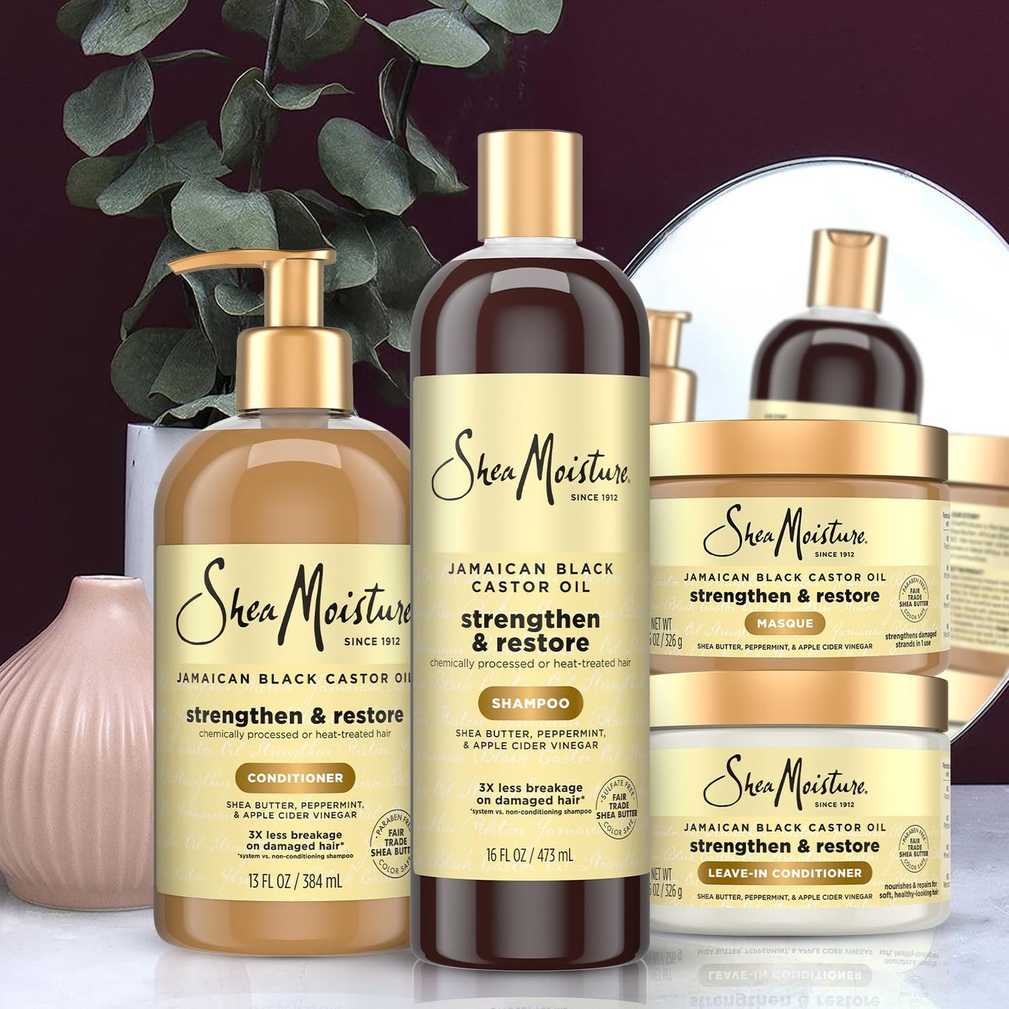SheaMoisture Jamaican Black Castor Oil Strengthen & Restore Hair Repair Shampoo, Conditioner, Masque + Leave-In Conditioner Bundle